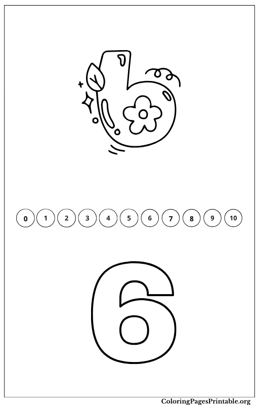 Coloring page for the number 6, with related images of number 6.