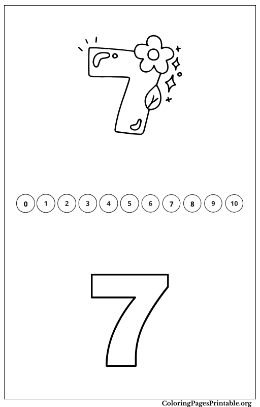 Coloring page for the number 7, featuring engaging illustrations.