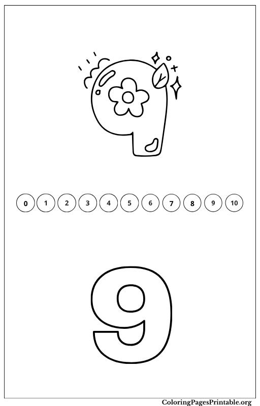 Coloring page for the number 9, featuring cute illustrations of number 9.