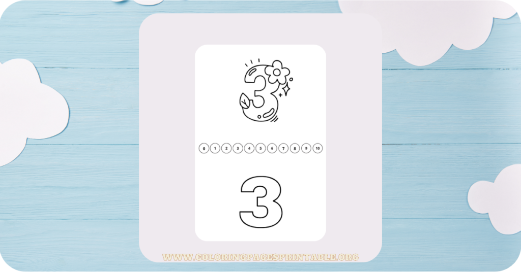 A numbers coloring page featuring the number "3" with five balloons floating around it.