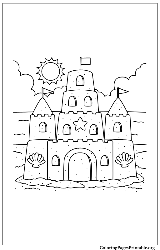 Simple sandcastle coloring page at the beach.