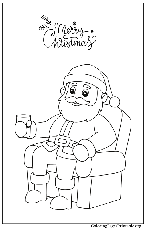 A jolly Santa Claus sitting in a chair with a warm beverage, enjoying the holiday season.