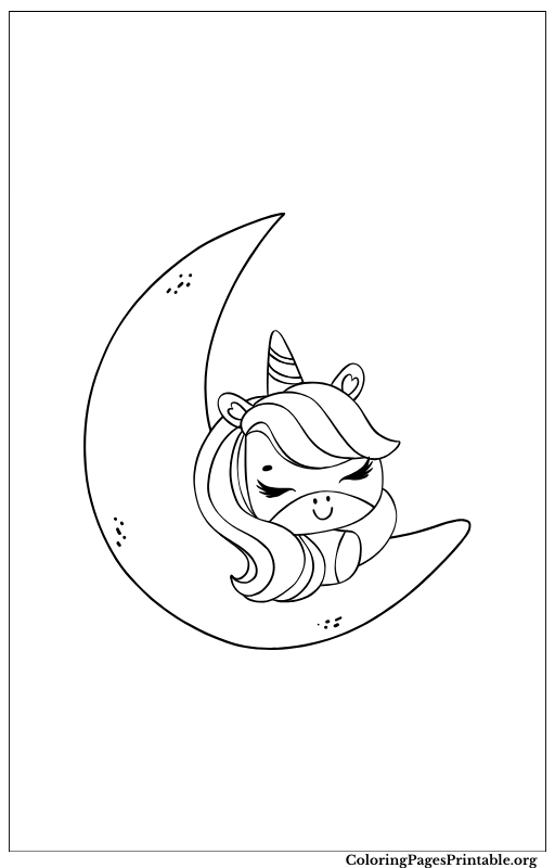 A sleeping unicorn resting on a crescent moon.