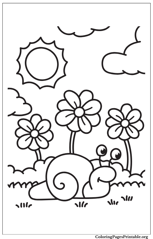 Simple snail and flowers coloring page for kids and adults.