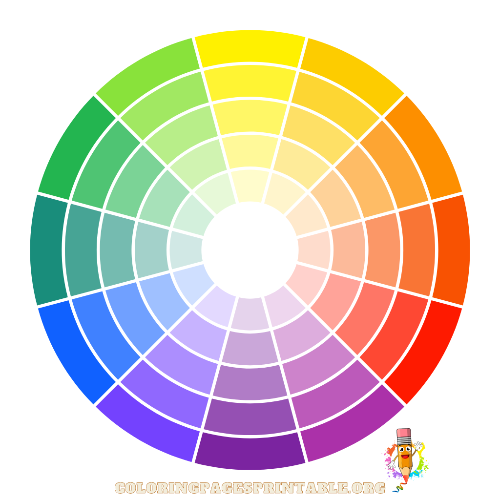 An illustrated color wheel showing complementary and analogous colors for coloring pages.