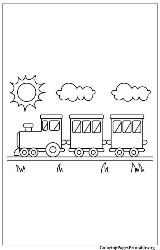 Simple coloring page of a train riding through the countryside.