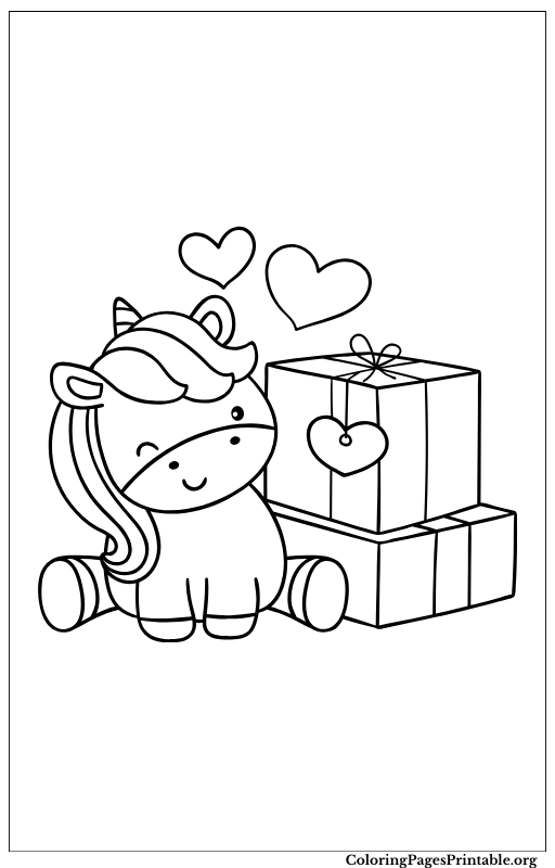 A unicorn sitting beside gift boxes, ready for celebration.