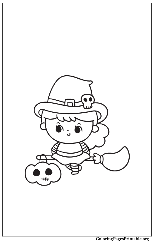 A cute little witch holding a small pumpkin, ready for Halloween.